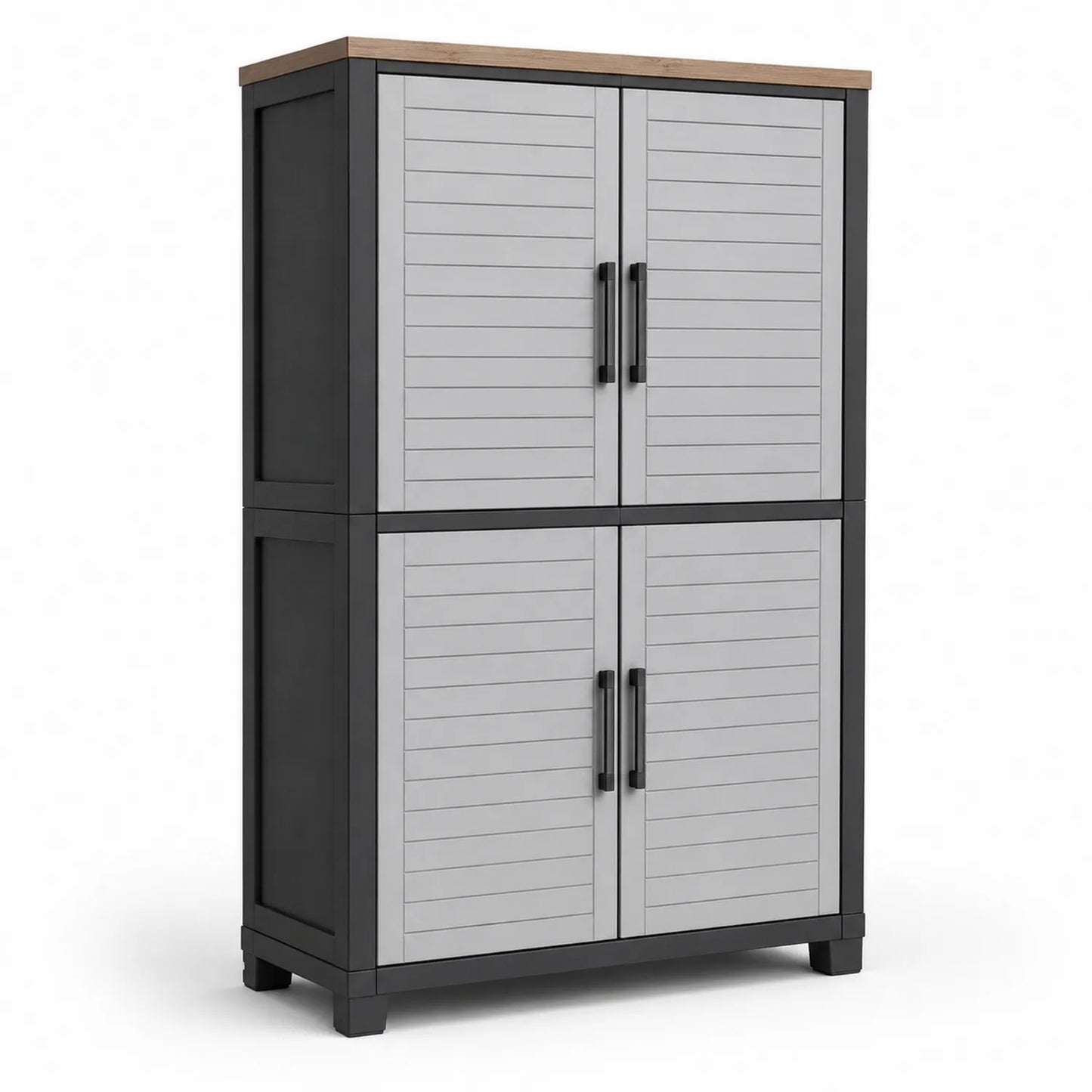 Armadio in Resina Plastica a 4 Ante con Rivestimento Superiore in Legno, Grigio Chiaro e Grigio Scuro