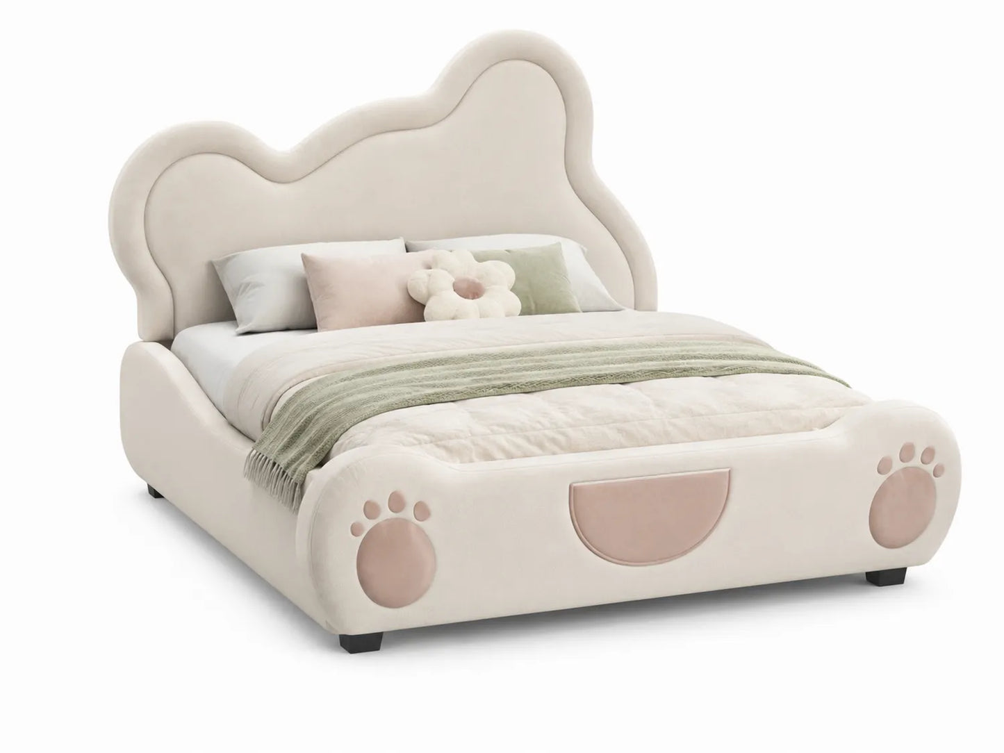 Letto per bambini in tessuto beige con motivo a forma di zampa