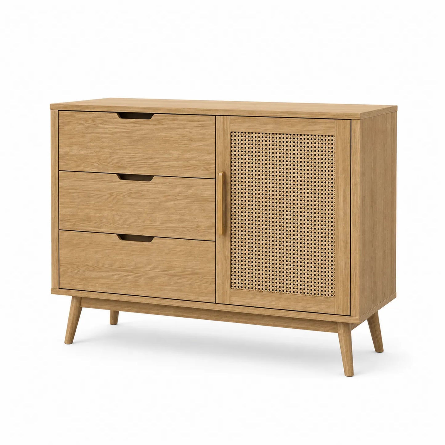 Cassettiera in Legno con 3 Cassetti e 1 Anta in Rattan Marrone