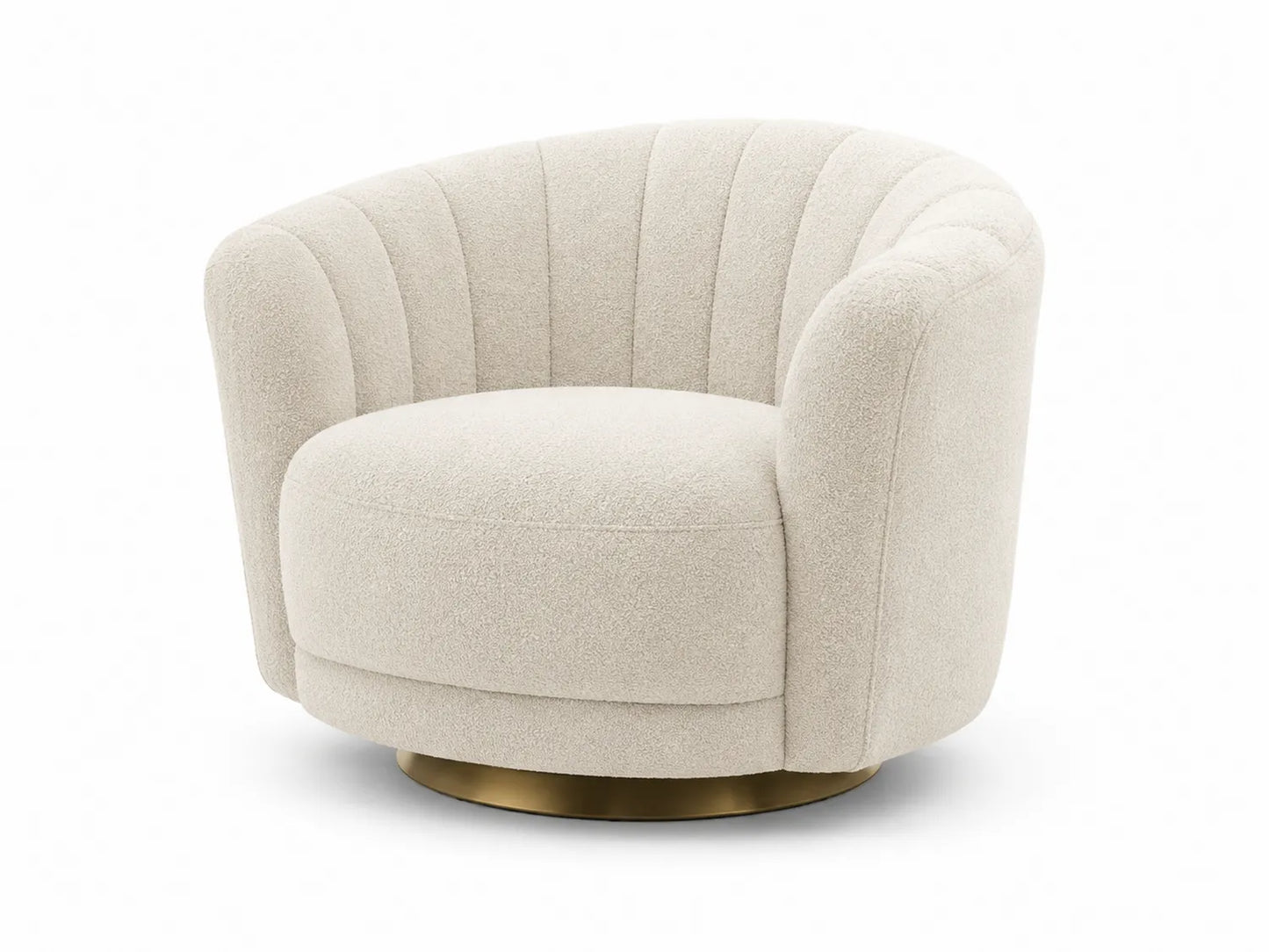 Poltrona curva in tessuto con base girevole in metallo dorato