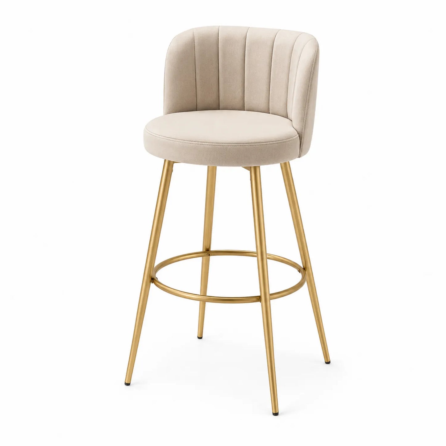 Sgabello da Bar in Velluto Beige con Gambe in Metallo
