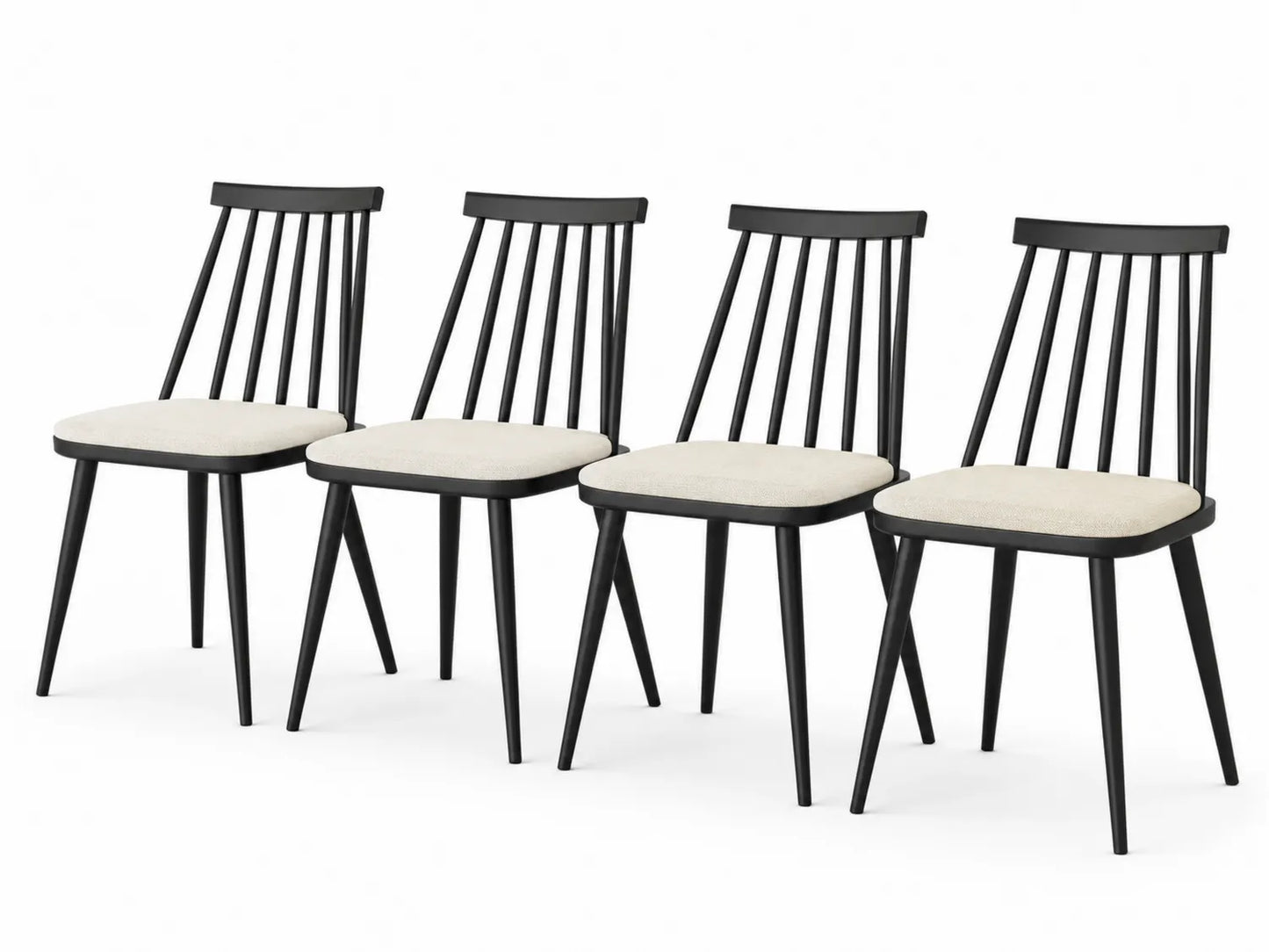 Set di 4 Sedie da Pranzo in Metallo Nero con Seduta in Tessuto Beige