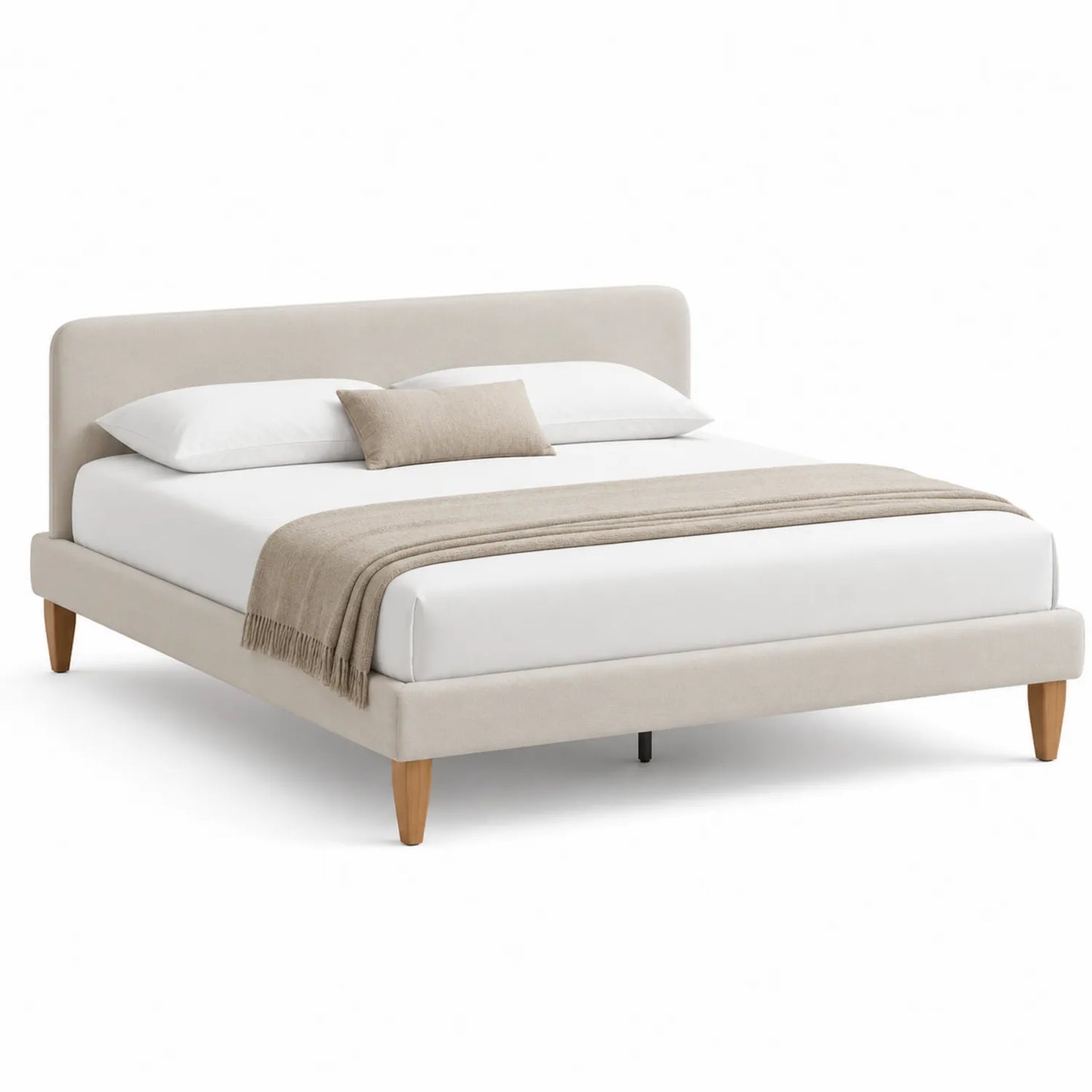 Letto matrimoniale in tessuto con gambe in legno