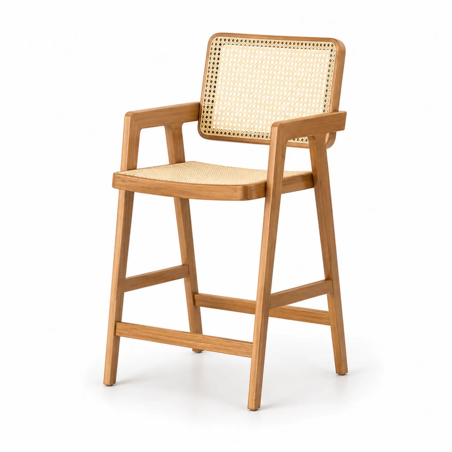 Sgabello da bar in legno e rattan con schienale e seduta