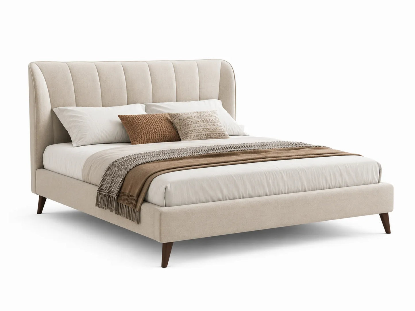 Letto matrimoniale in tessuto beige con testiera alta