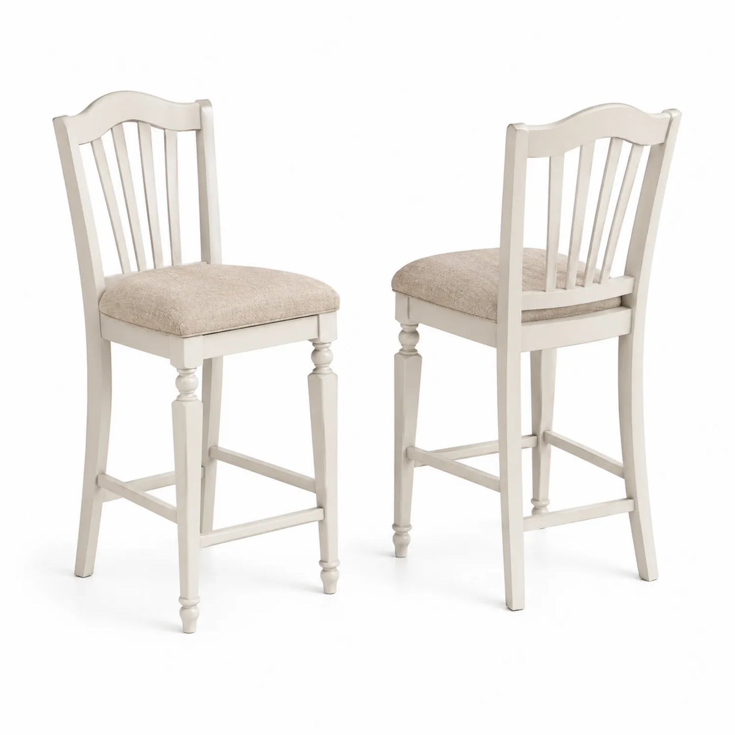 Set 2 sgabelli da bar in legno bianco con seduta imbottita in tessuto beige