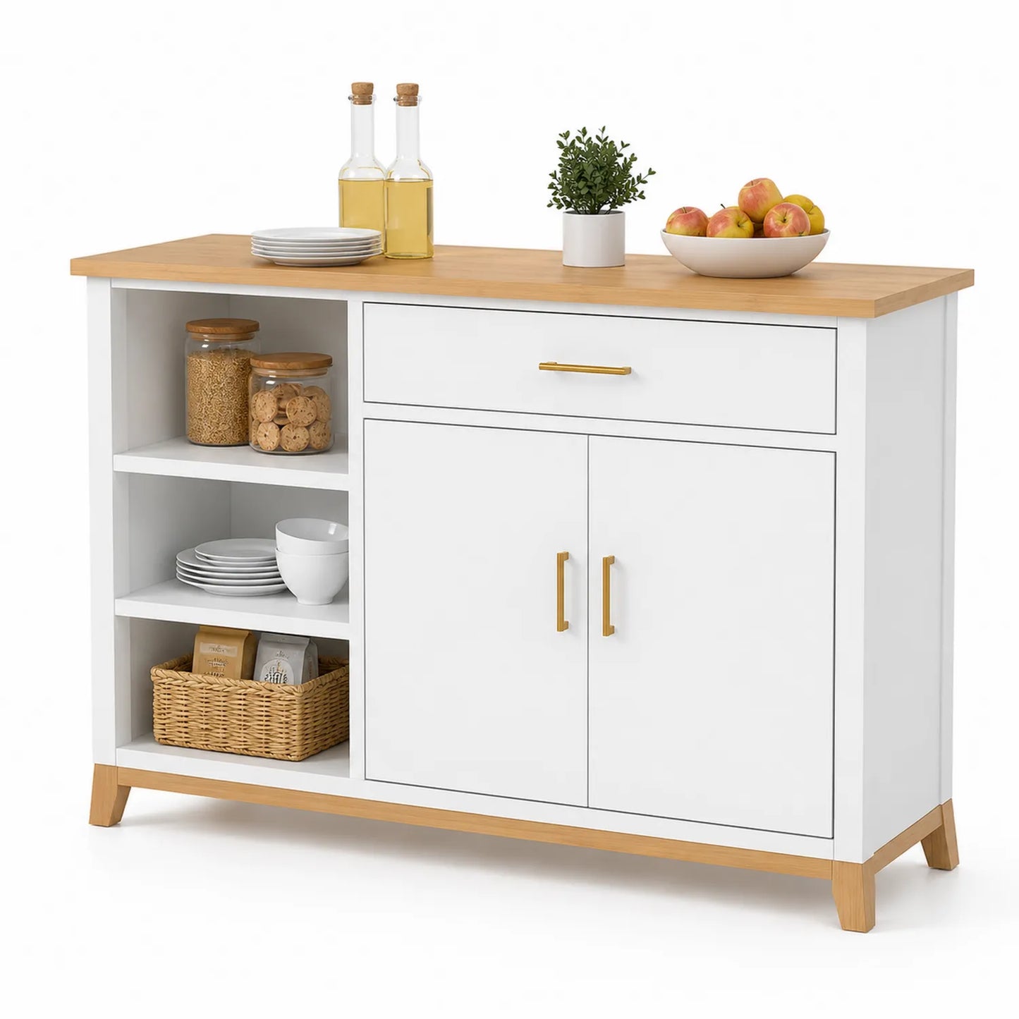 Credenza in Legno e MDF Bianco e Naturale con Ripiani