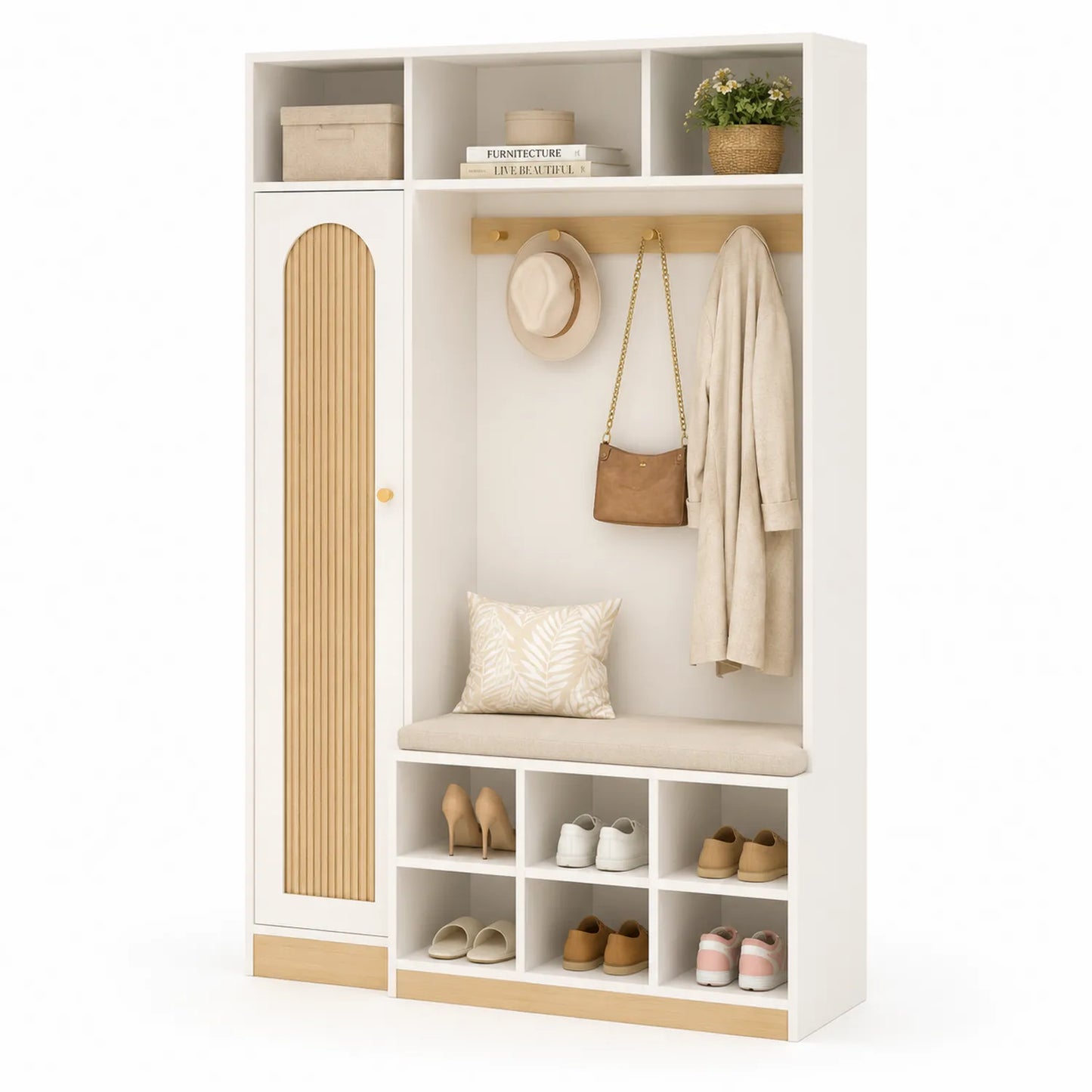 Armadio da Ingresso in MDF Bianco con Panchina e Scarpiera