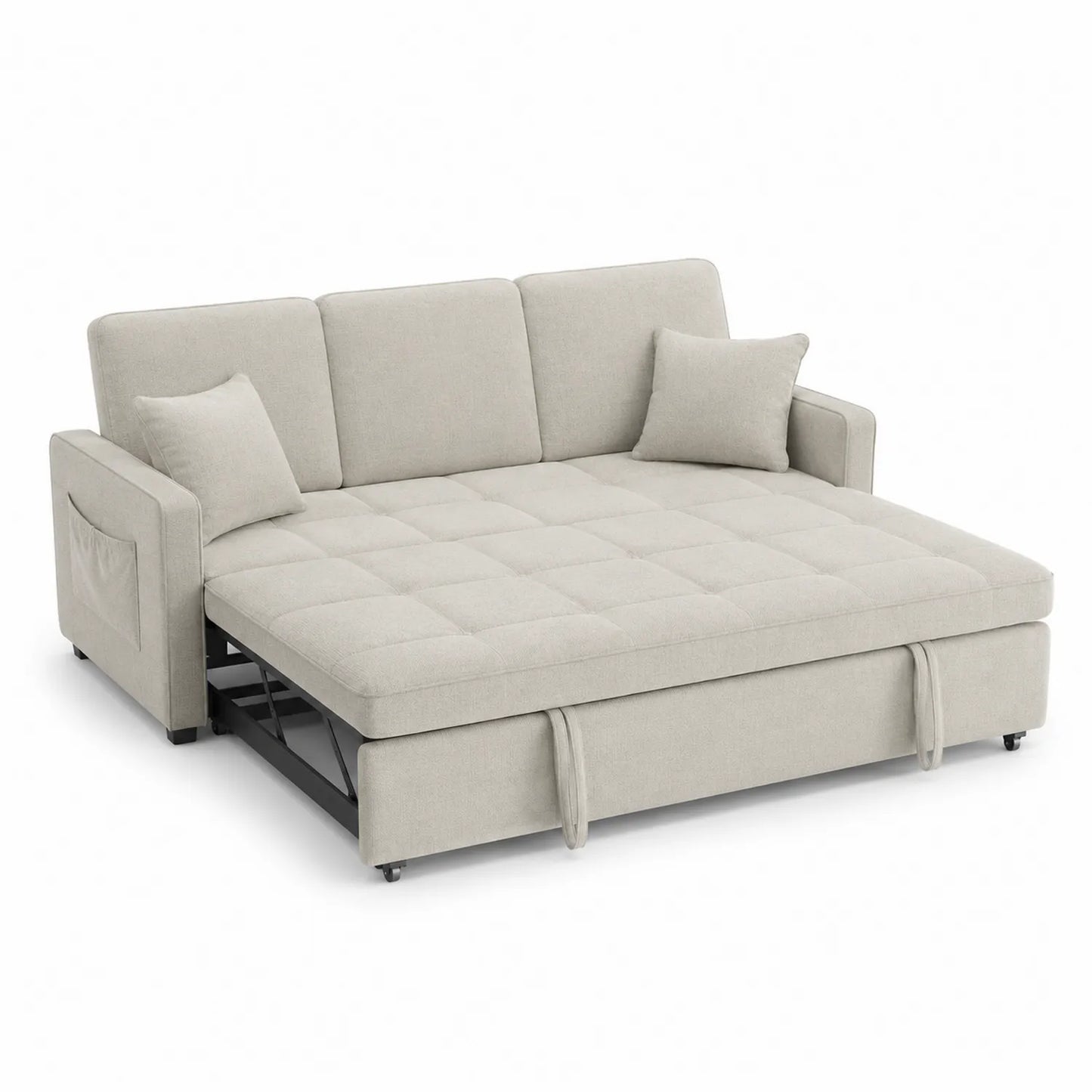 Divano letto in tessuto beige con braccioli e cuscini
