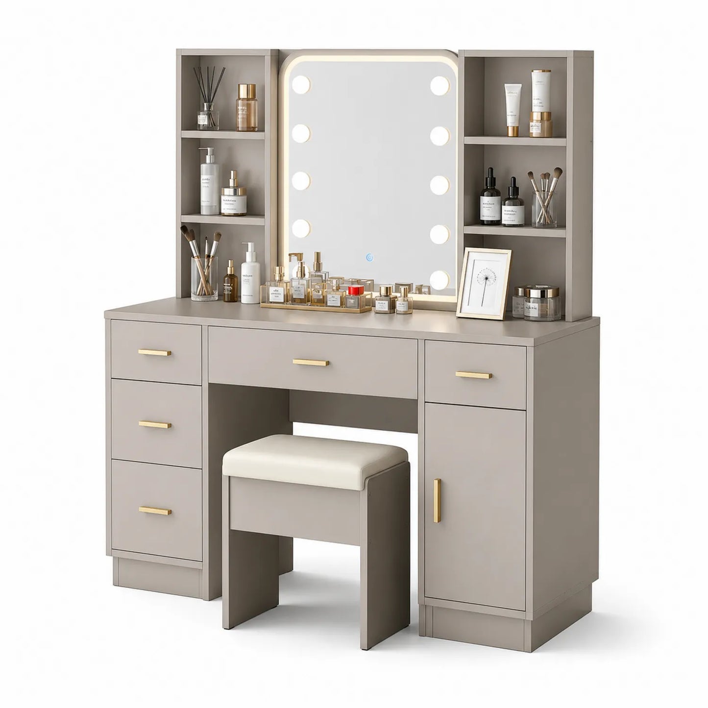 Toletta da trucco in legno composito grigio con specchio illuminato e sgabello imbottito