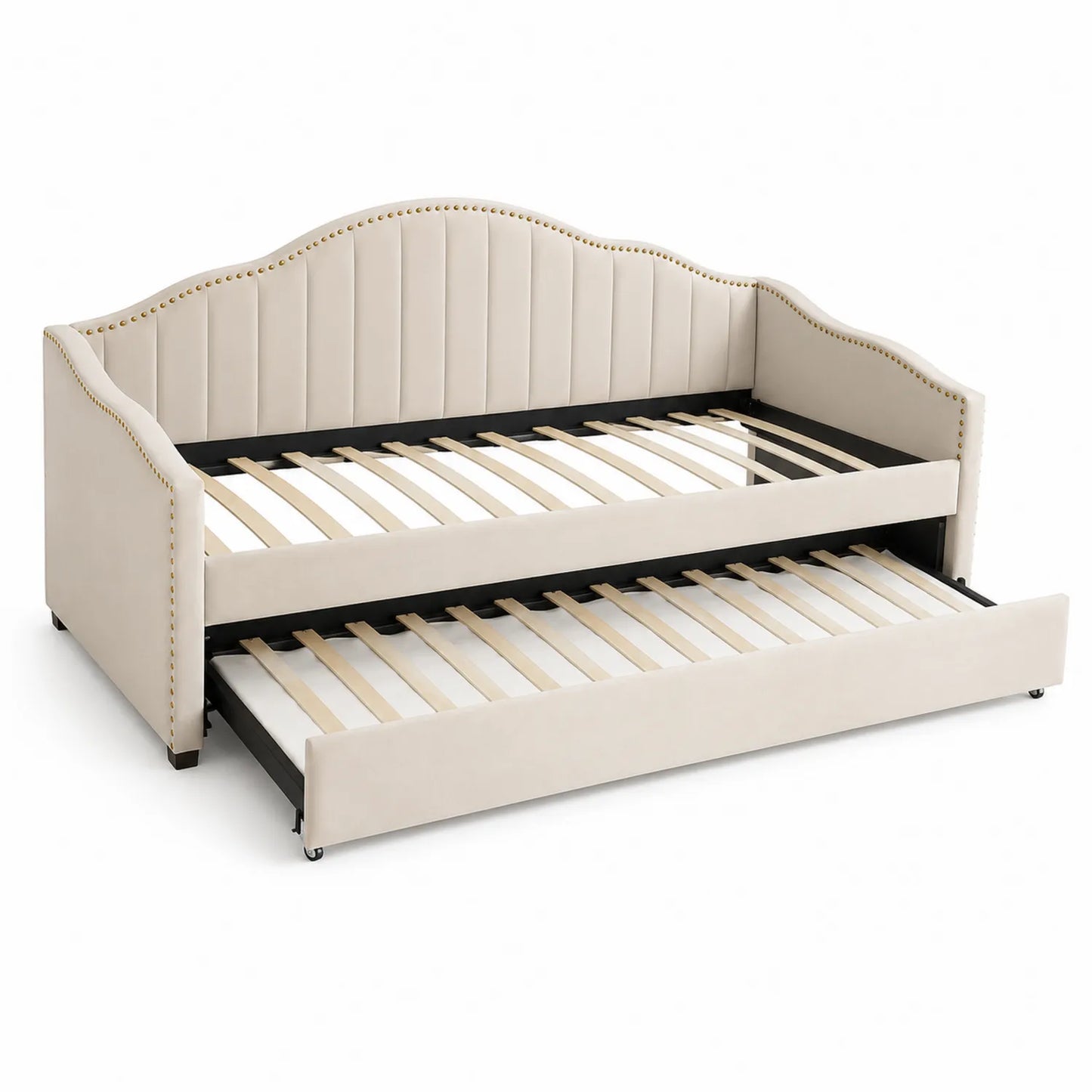 Letto estraibile imbottito in legno e tessuto Beige