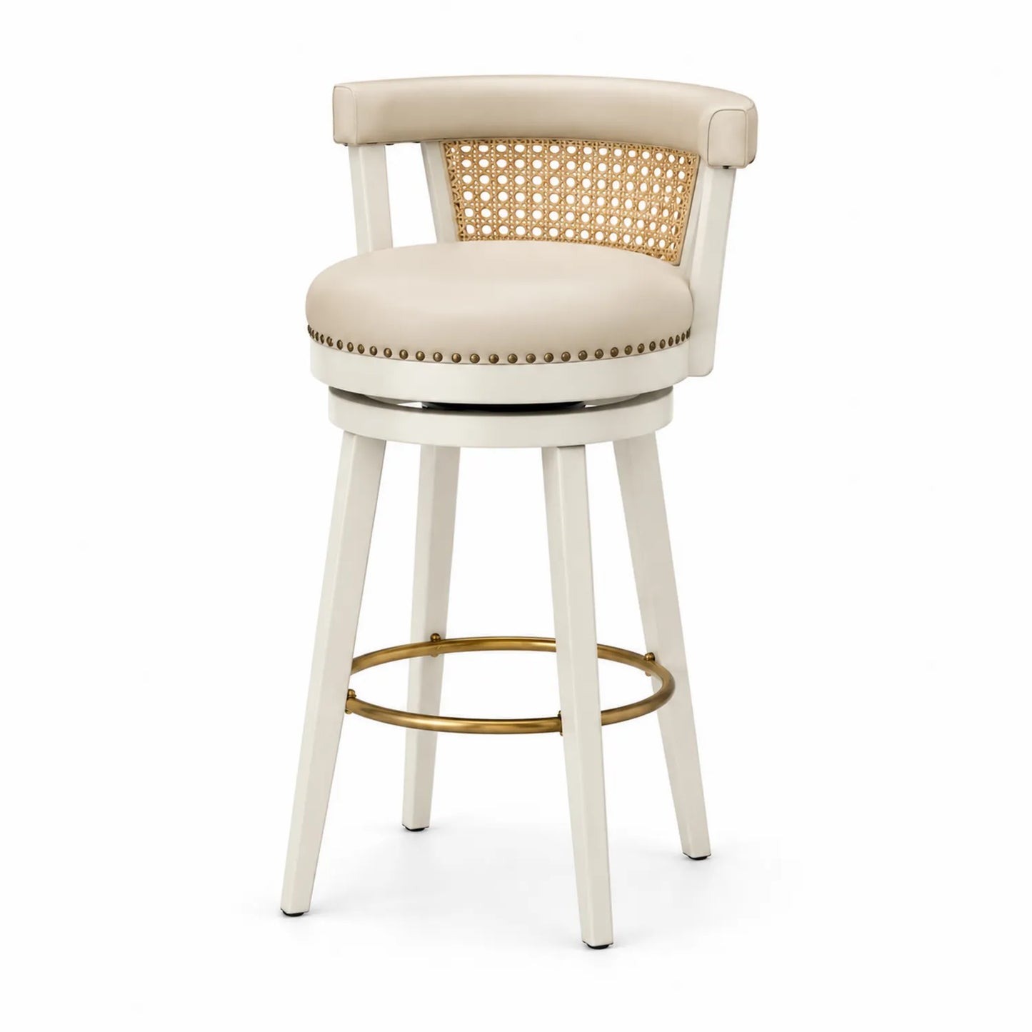Sgabello da Bar in Legno e Pelle PU con Schienale in Rattan Crema, Altezza Seduta 75 cm