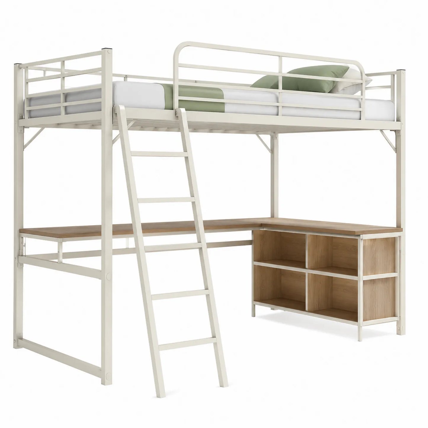 Letto a soppalco in metallo con scrivania e libreria in legno MDF, Bianco e Legno chiaro