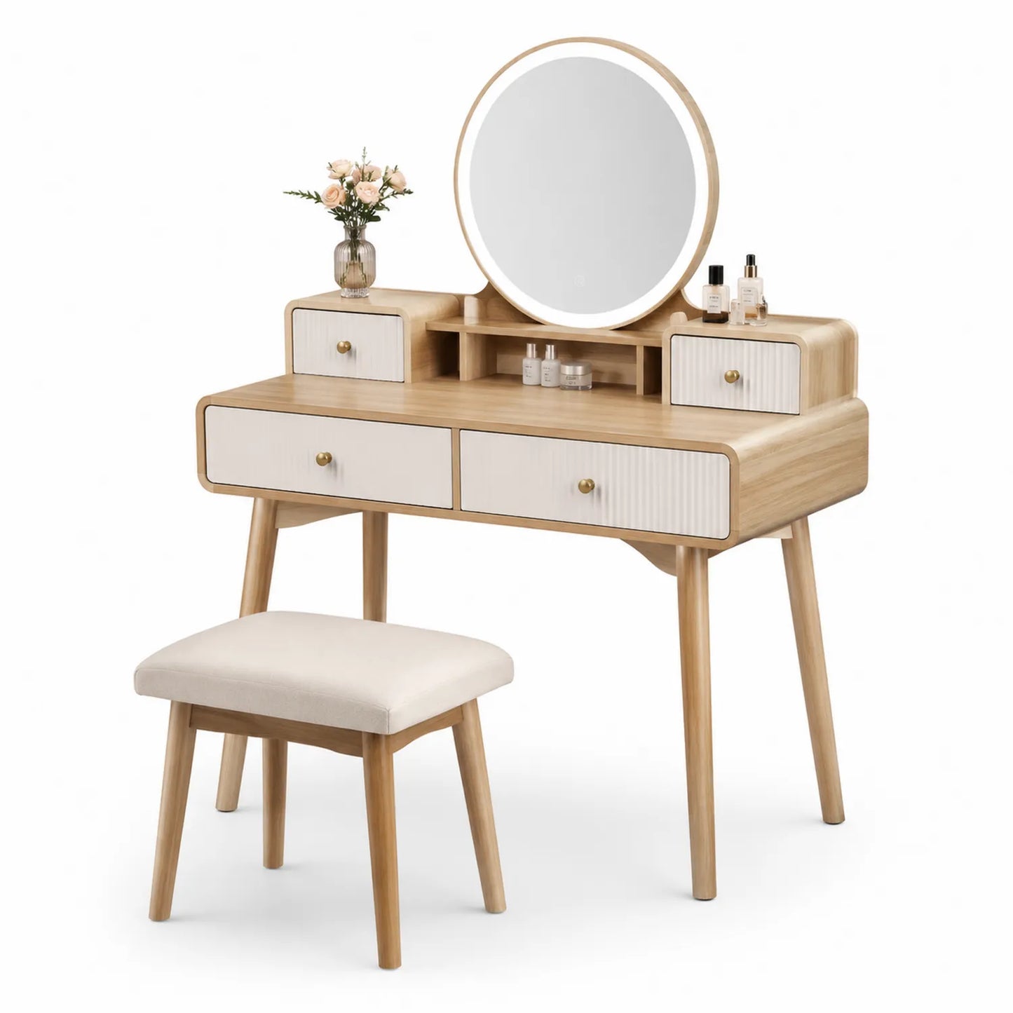 Tavolo da Trucco in Legno con Specchio e Sgabello, 4 Cassetti