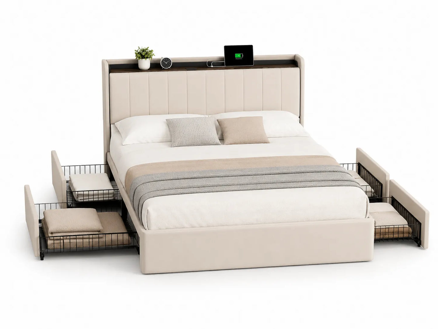 Letto matrimoniale in tessuto con contenitore e cassetti