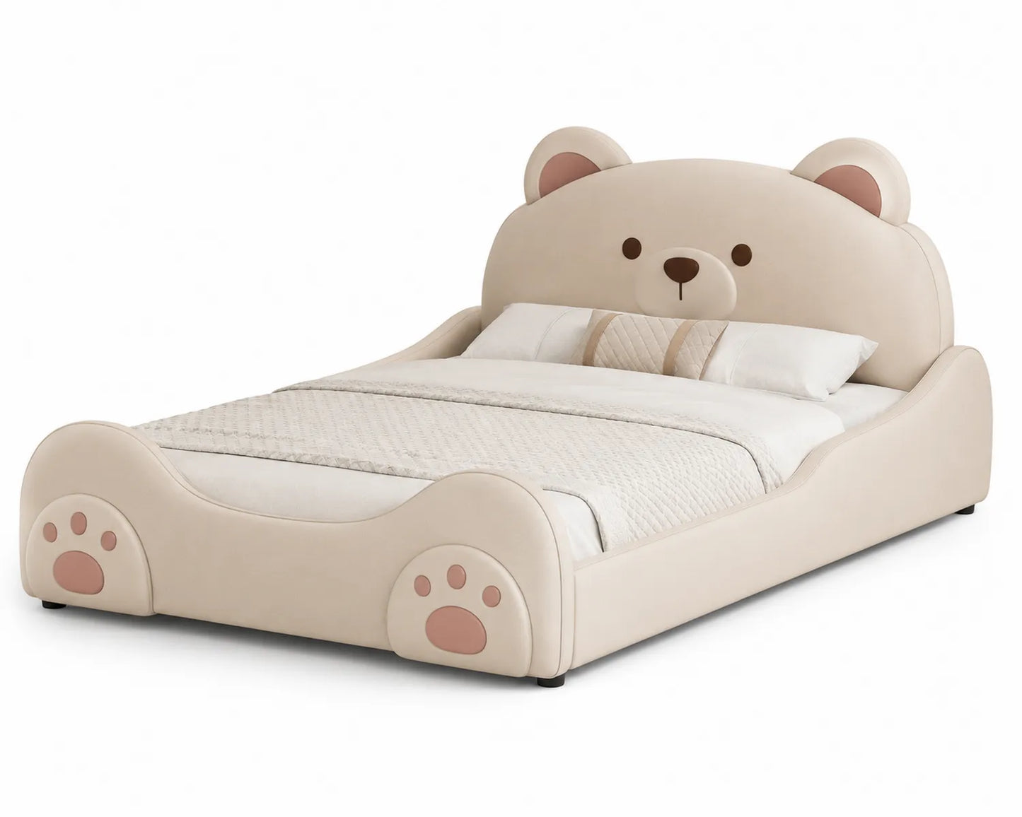 Letto per bambini a tema orso in ecopelle beige 200x150 cm