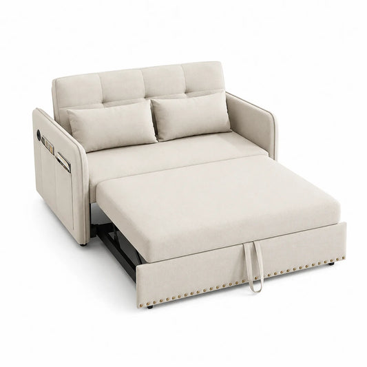 Divano Letto in Tessuto Beige con Cuscini