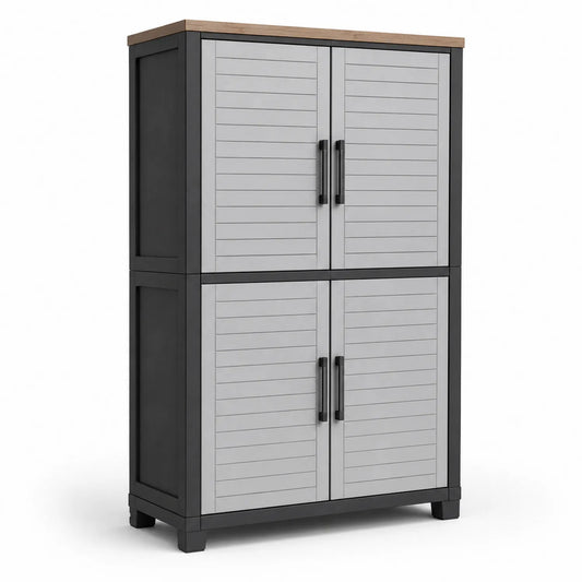 Armadio in Resina Plastica a 4 Ante con Rivestimento Superiore in Legno, Grigio Chiaro e Grigio Scuro