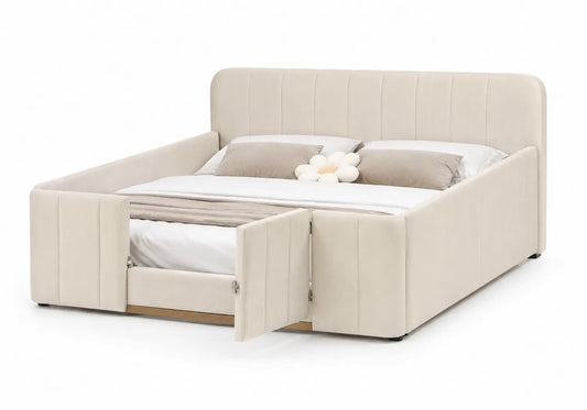 Letto matrimoniale beige con cassetti integrati 200x160 cm