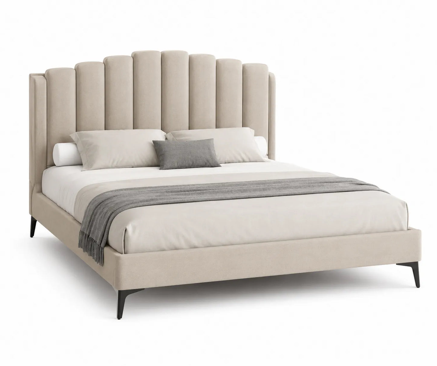 Letto imbottito in tessuto beige con testiera verticale effetto tubolare 200x160 cm