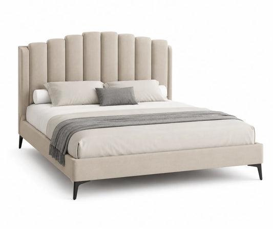 Letto imbottito in tessuto beige con testiera verticale effetto tubolare 200x160 cm