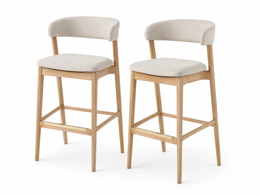 Set di 2 sgabelli in legno con seduta in tessuto crema