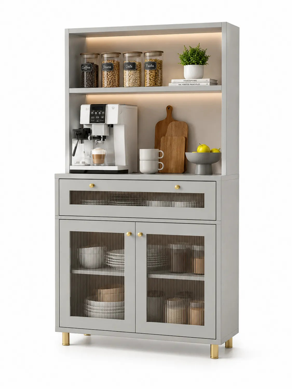 Credenza in legno grigio con ante in vetro e maniglie dorate