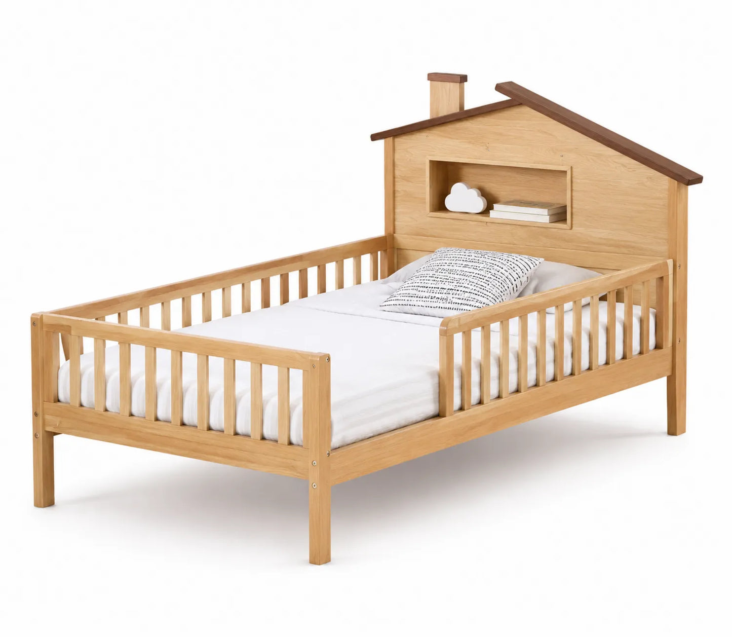 Letto per bambini in legno a forma di casa con mensola 160x80 cm