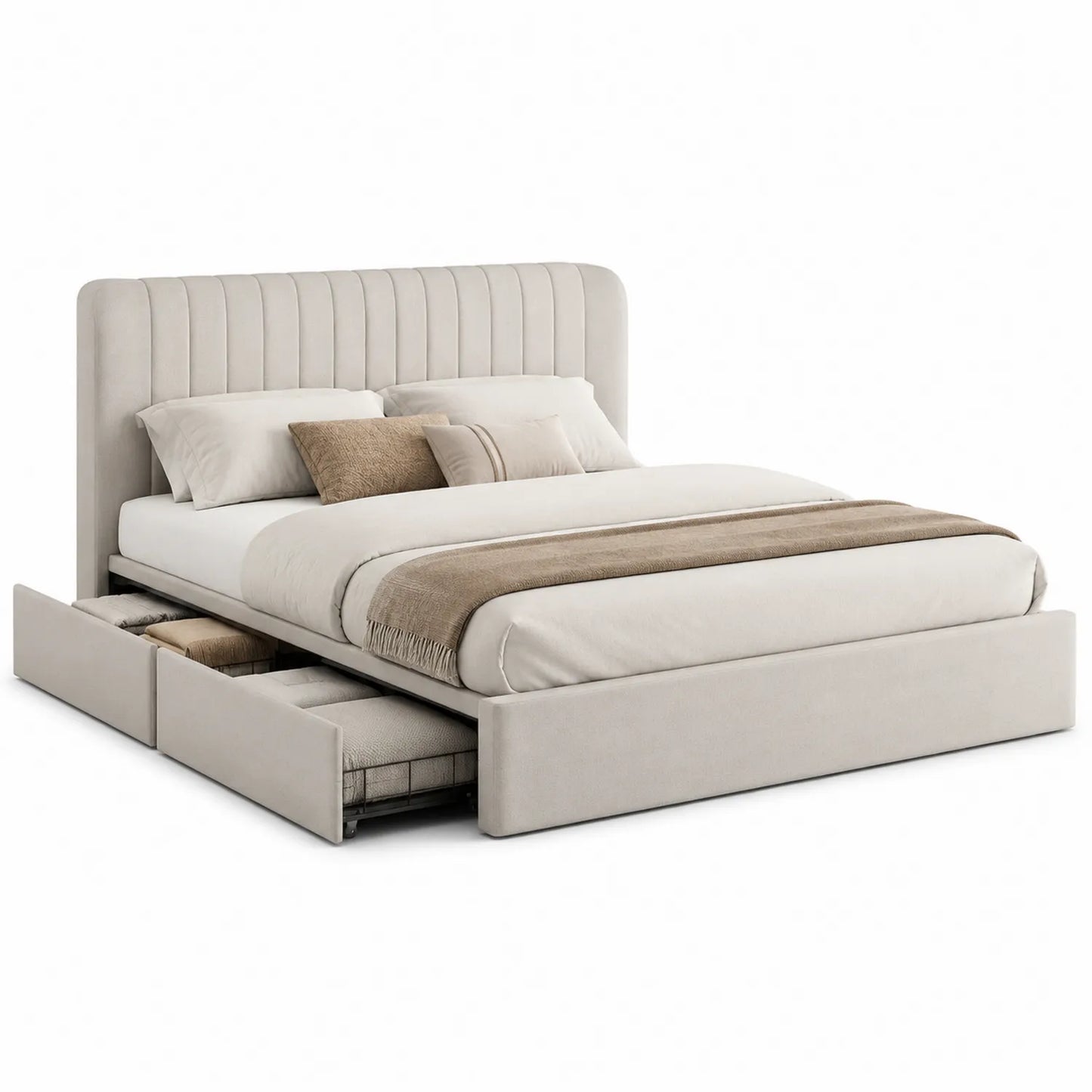 Letto matrimoniale in tessuto con contenitore e cassetti beige 200x160 cm