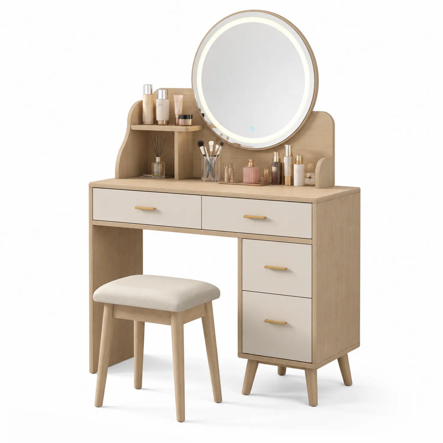Toeletta in legno con specchio LED e sgabello imbottito