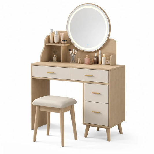 Toeletta in legno con specchio LED e sgabello imbottito