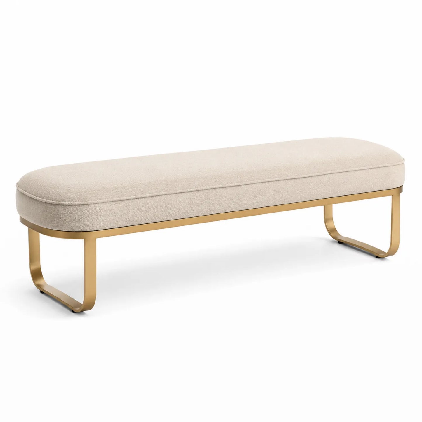 Panca rettangolare in tessuto beige e metallo dorato