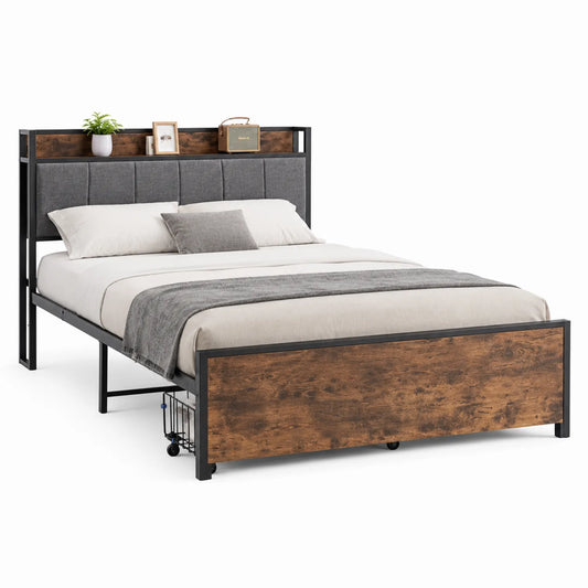 Letto matrimoniale in legno e metallo con testiera a scaffale 200x160 cm