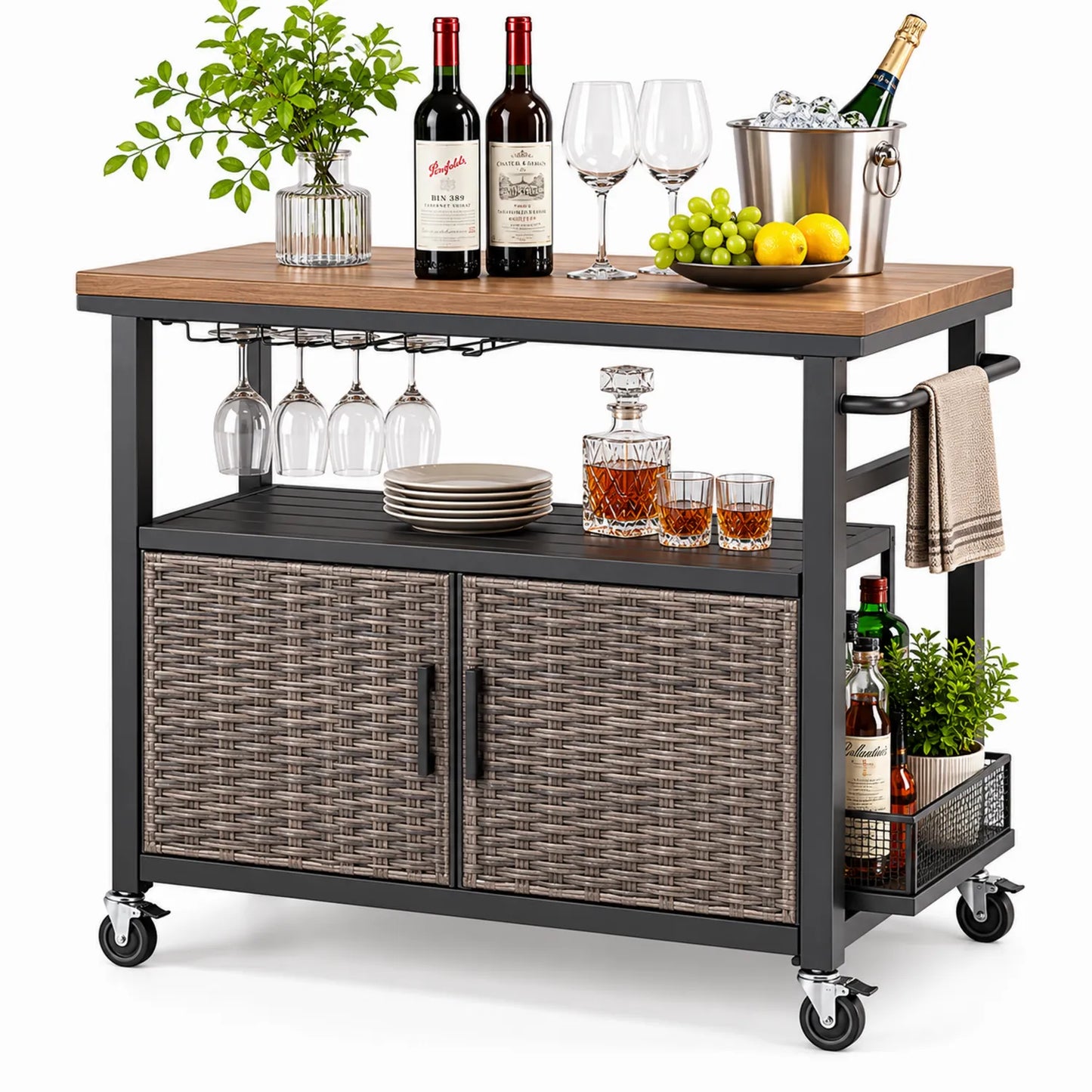 Carrello Bar in Acciaio e Rattan con Ripiano in Legno e Ruote