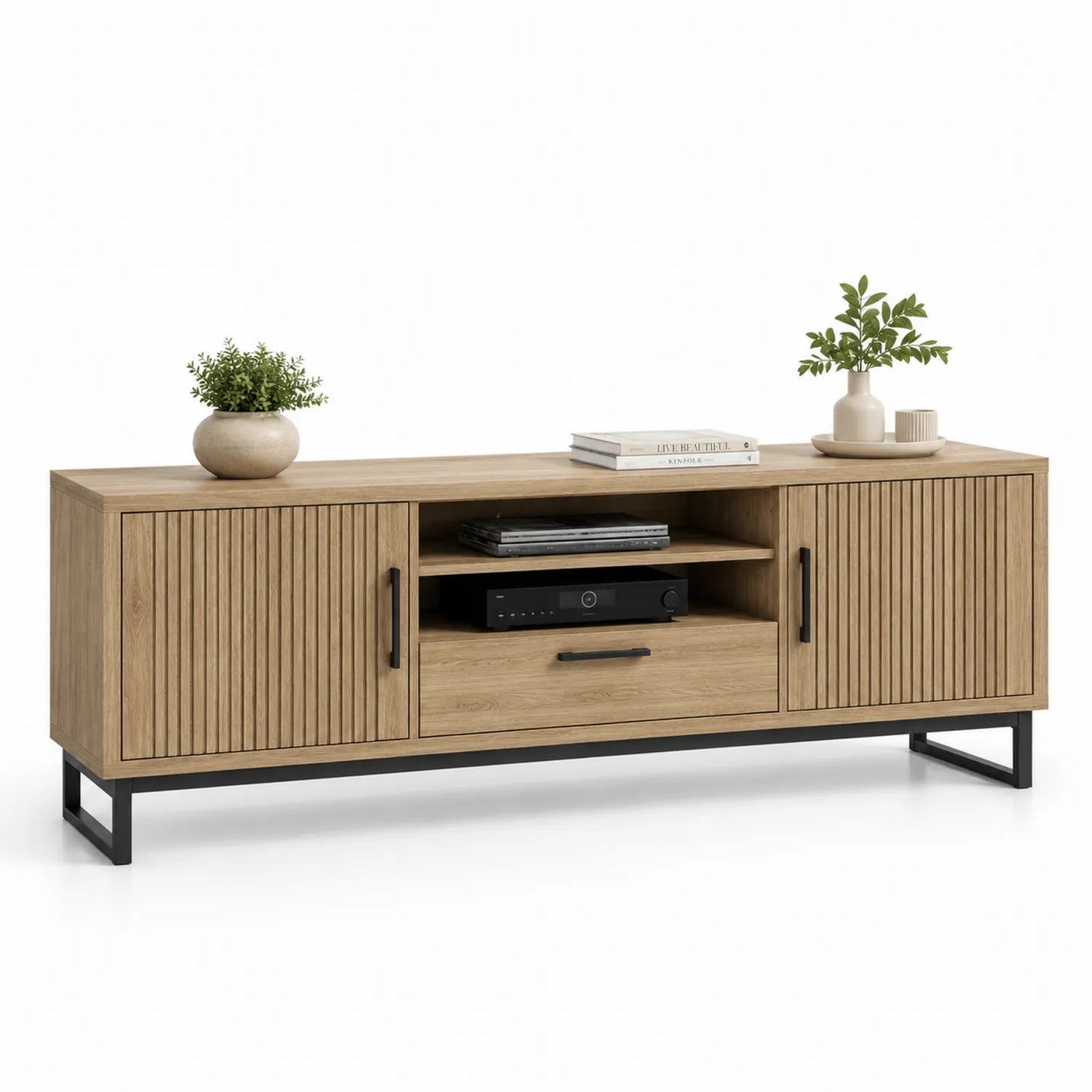 Mobile TV in legno MDF con ante e ripiani rovere chiaro 150x40x50 cm