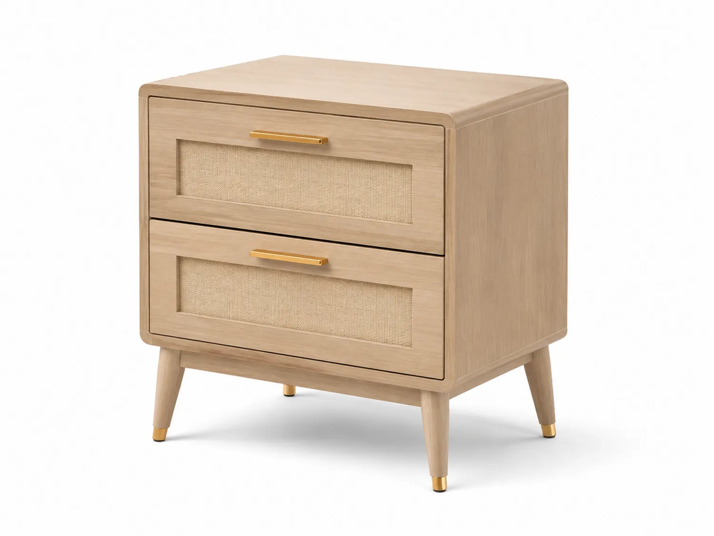 Comodino in Legno con Cassetti e Inserti in Tessuto Beige