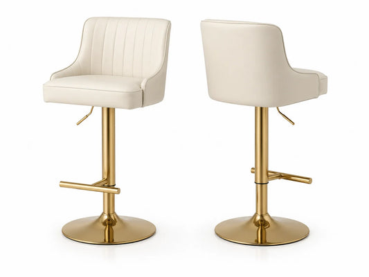 Sgabello da bar con schienale in pelle beige regolabile con base in metallo dorato