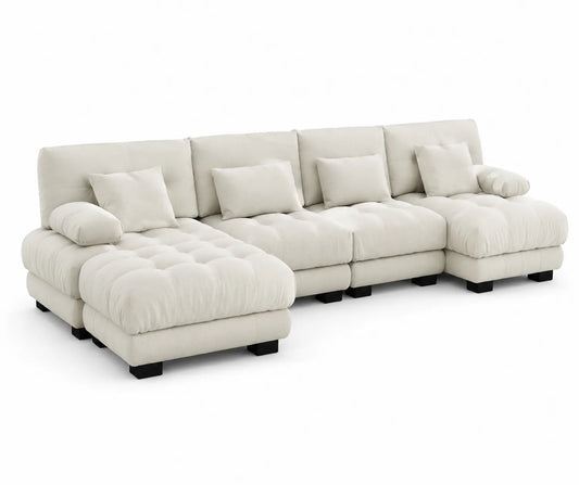 Divano angolare in tessuto beige a cinque posti con chaise longue