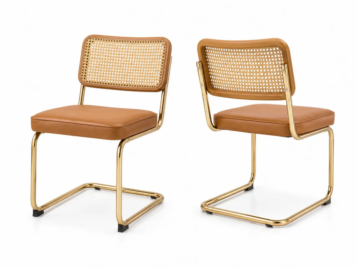 Sedia da pranzo in pelle sintetica e rattan con struttura in metallo dorato