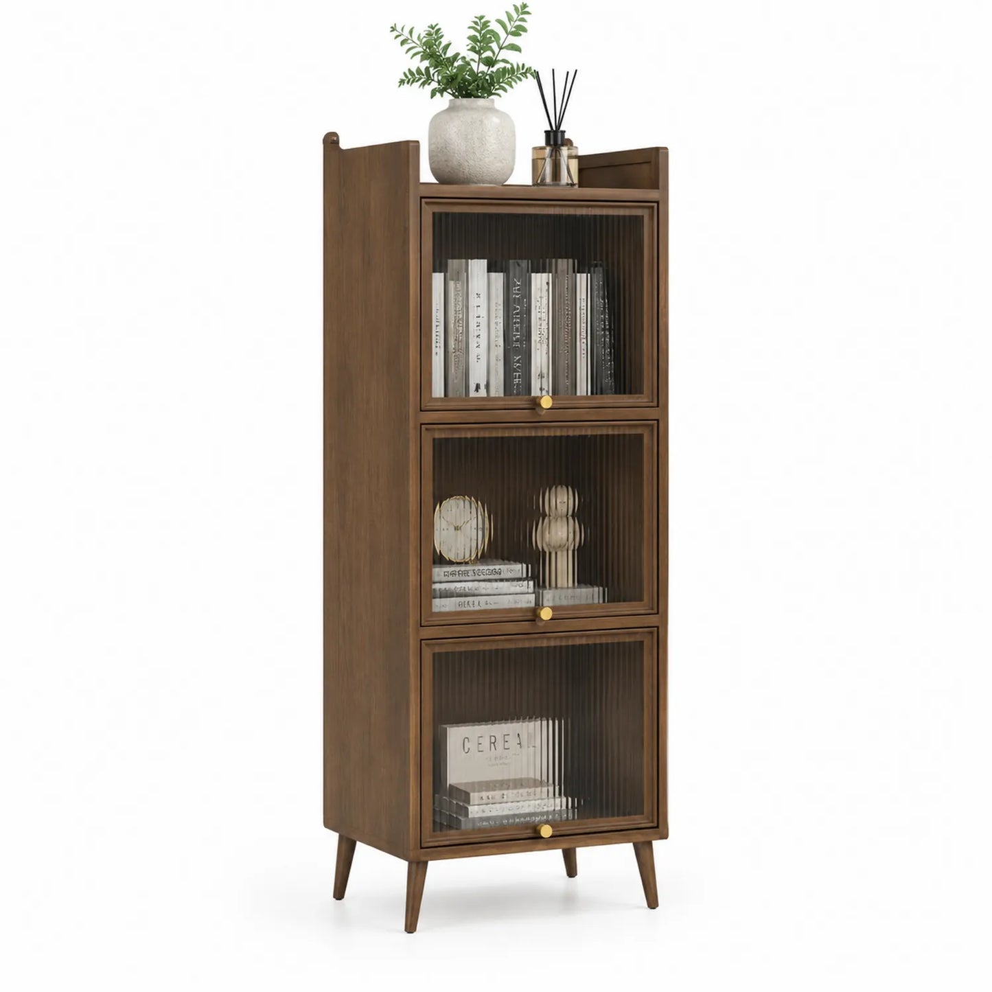 Libreria in Legno di Noce con Ante in Vetro Temperato 180x60x35 cm