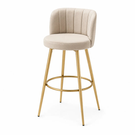 Sgabello da Bar in Velluto Beige con Gambe in Metallo