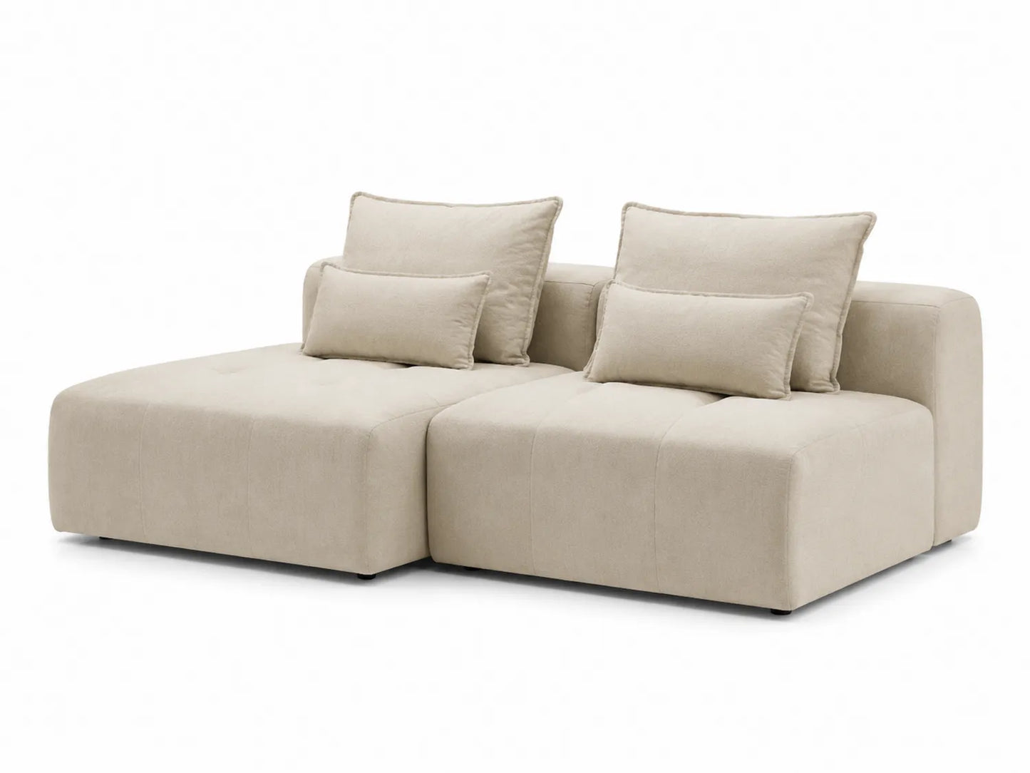 Divano componibile in tessuto beige con 2 sedute e 4 cuscini