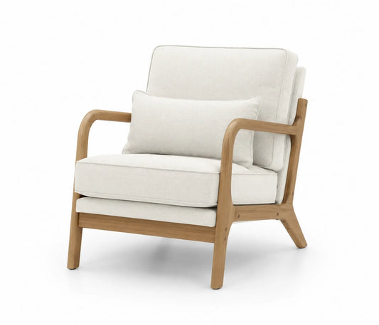Poltrona in legno con rivestimento in tessuto crema
