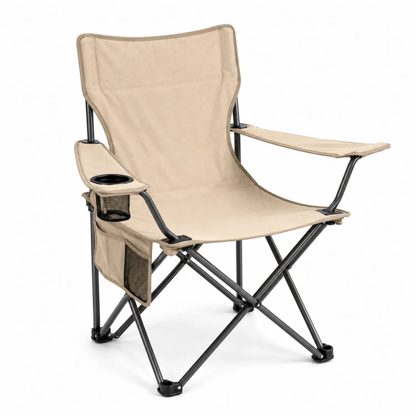 Sedia da campeggio pieghevole in acciaio con tessuto beige e portabicchieri
