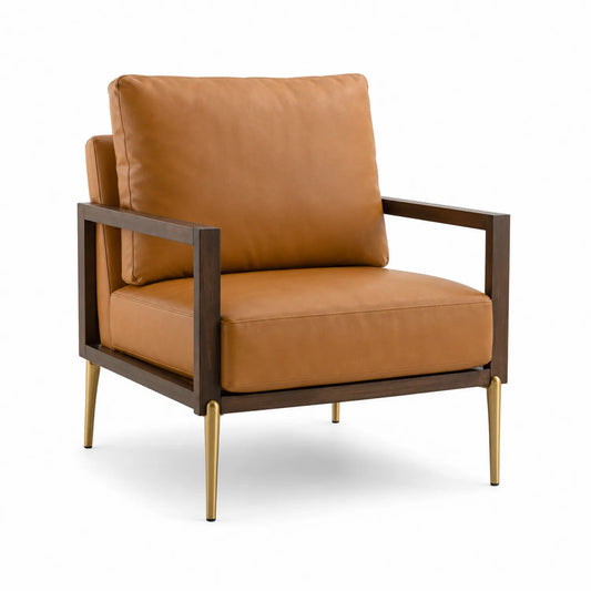 Poltrona in Pelle Marrone con Telaio in Legno e Gambe Metalliche