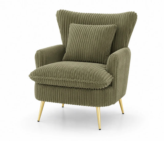 Poltrona in velluto a coste verde con gambe in metallo