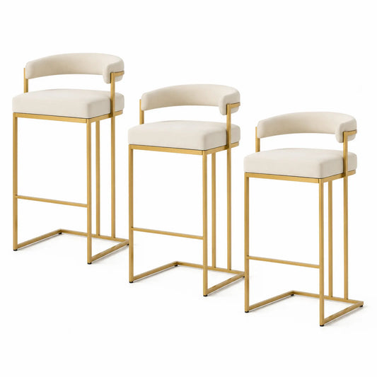 Set di 3 Sgabelli da Bar Acciaio Oro con Seduta in Tessuto Crema