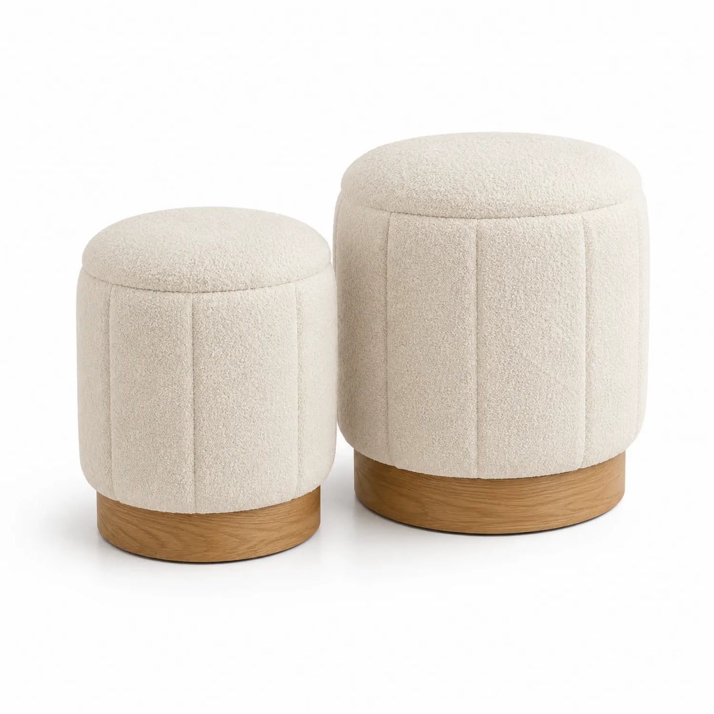 Set di 2 pouf rotondi in tessuto beige con base in legno