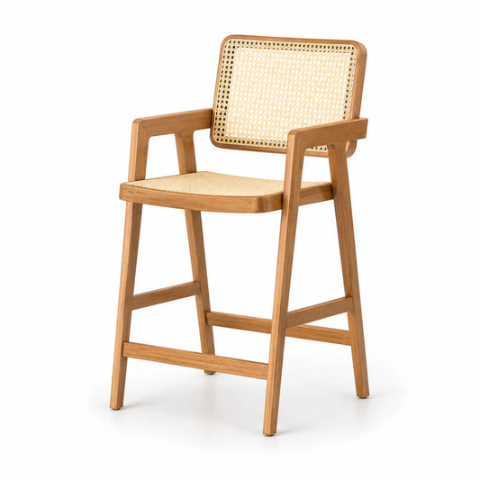 Sgabello da bar in legno e rattan con schienale e seduta