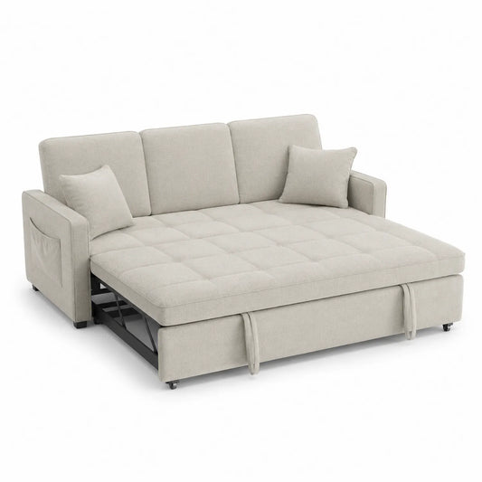 Divano letto in tessuto beige con braccioli e cuscini